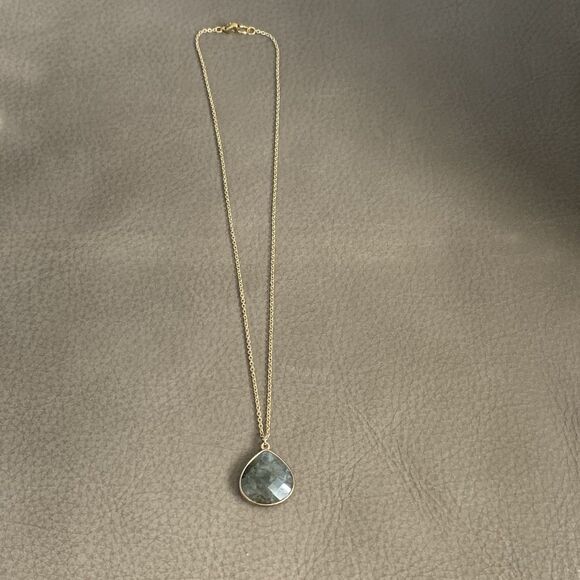 Vintage Faceted Labradorite Tear Drop Pendant Necklace 17" Gold-tone Gemstone - Picture 15 of 16